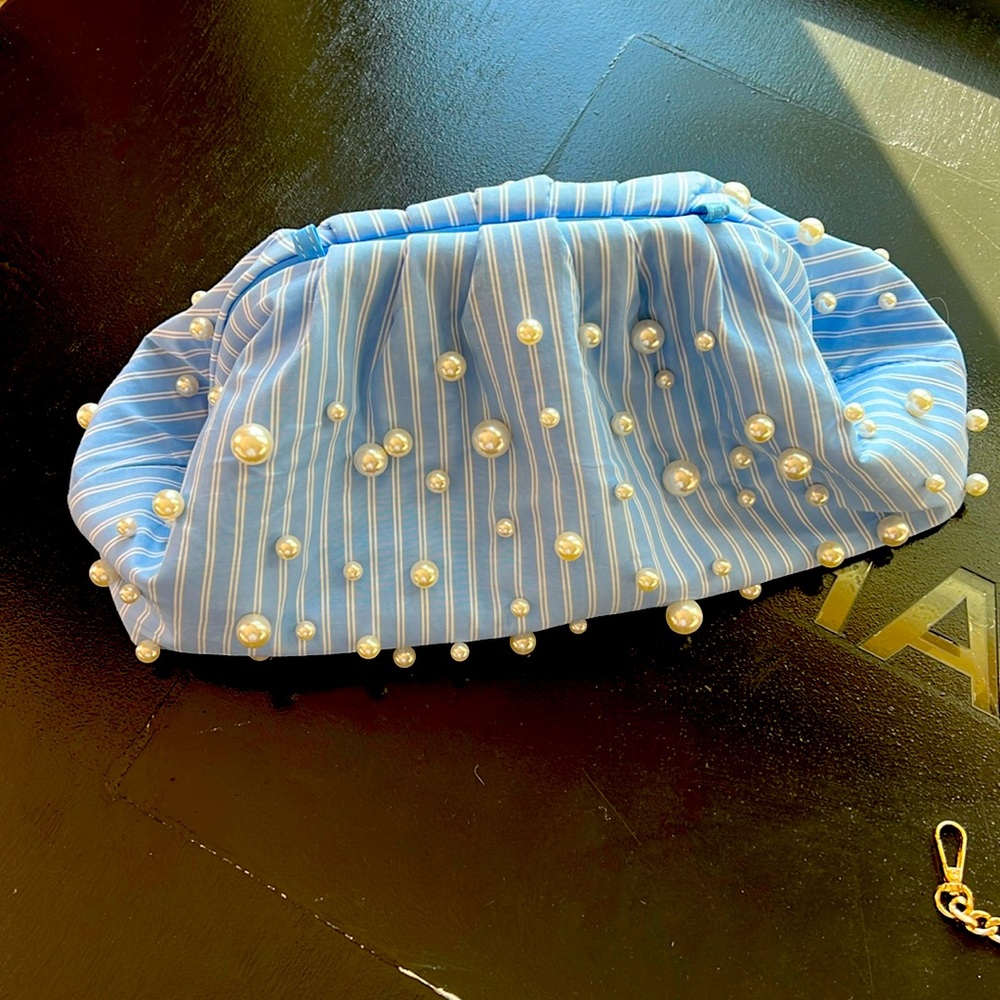Blue Striped Pearl Clutch Maeve by Anthropologie with cross body strap